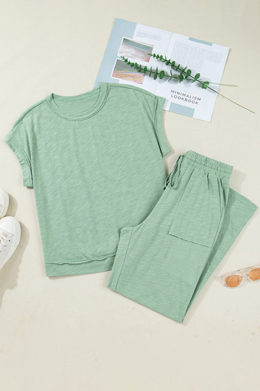 Solid Short Sleeve Tee and Drawstring Pants Set