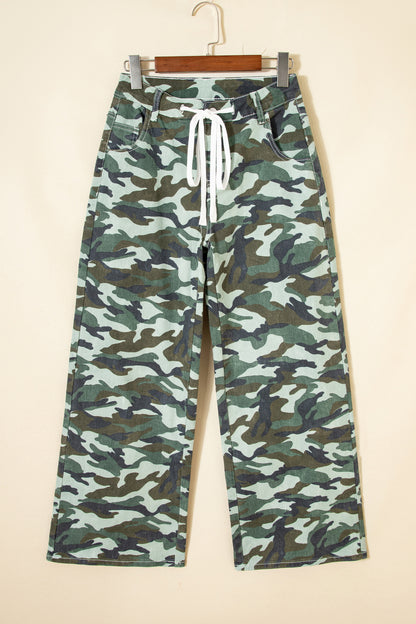 Camo Wide Leg Drawstring Denim Pants