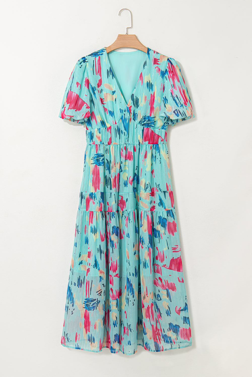 Abstract Short Puff Sleeve Tiered Maxi Dress