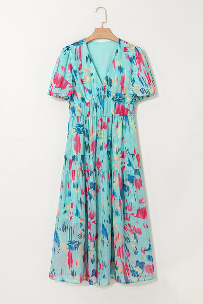 Abstract Short Puff Sleeve Tiered Maxi Dress