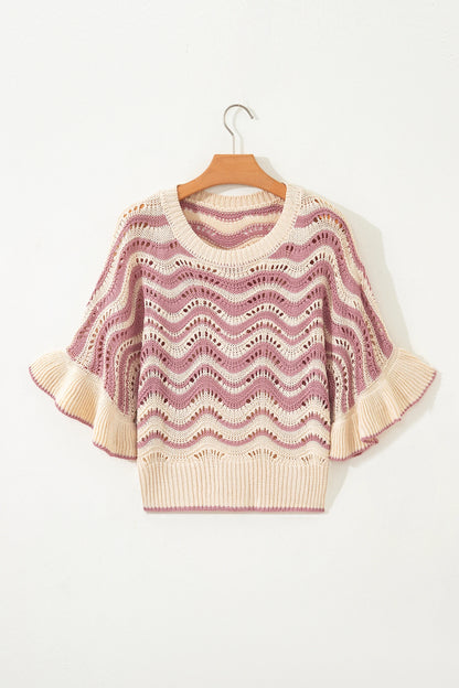 Wavy Stripe Ruffle 3/4 Sleeve Crochet Sweater