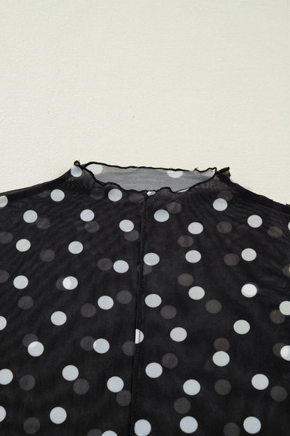 Polka Dot Mesh Mock Neck Long Sleeve Top
