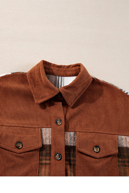 Plaid Corduroy Patchwork Chest Pocket Buttoned Shacket