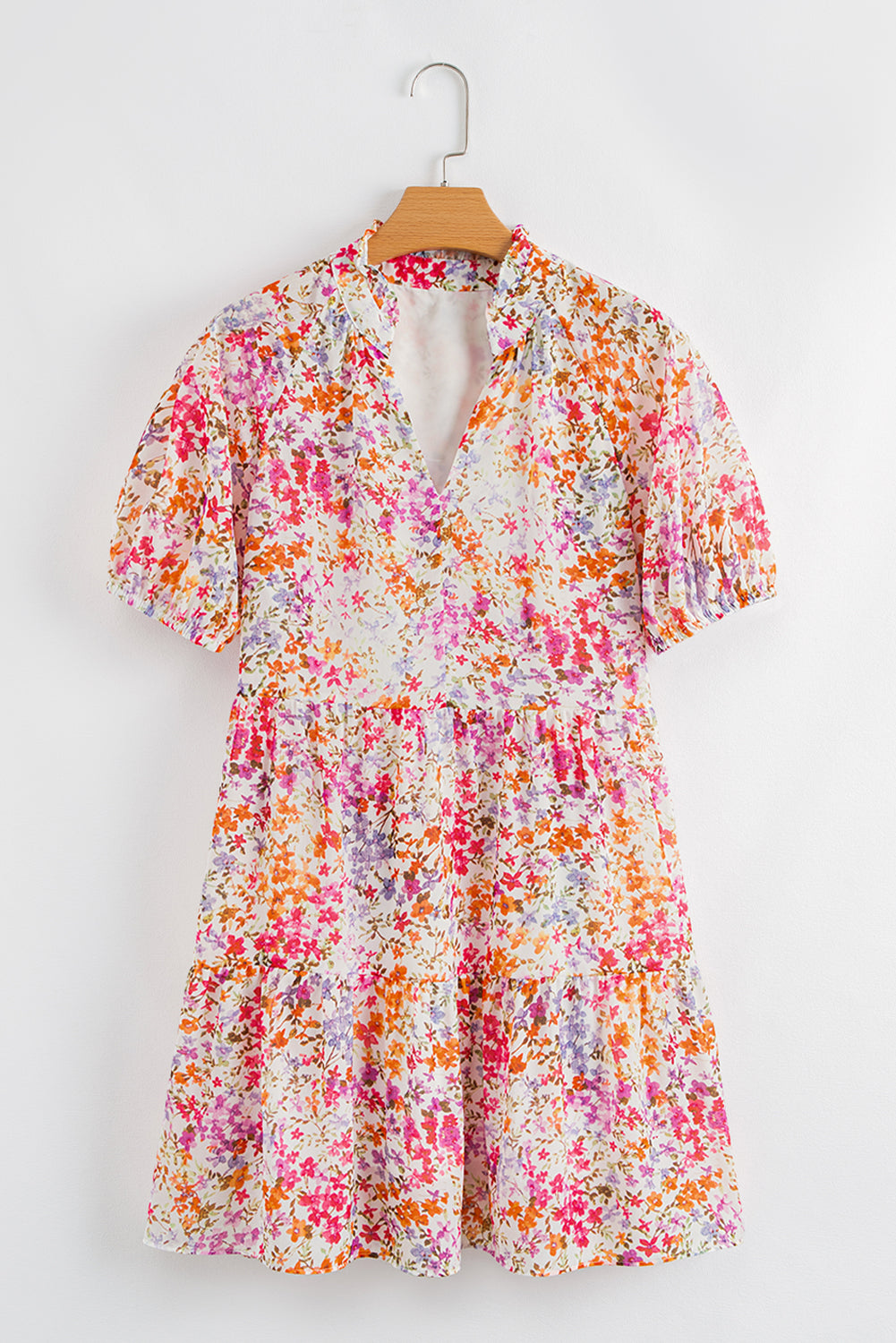 Floral Puff Sleeve V-Neck Tiered Mini Dress
