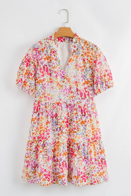Floral Puff Sleeve V-Neck Tiered Mini Dress