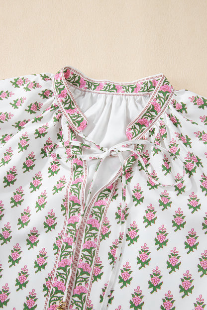 Floral Bubble Sleeve Tie Neck Ruffle Hem Dress