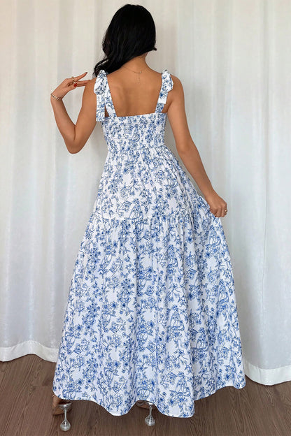 Floral Tie Strap Flared Maxi Dress