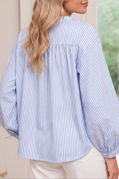 Floral Embroidered Stripe Billowy Sleeve Tunic Shirt