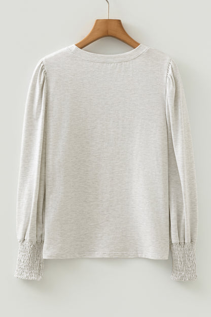 Solid Shirred Peasant Long Puff Sleeve Top