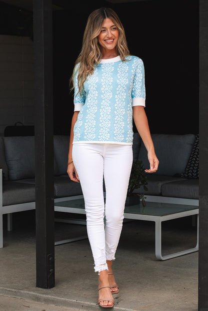 Floral Contrast Crewneck Short Sleeve Sweater