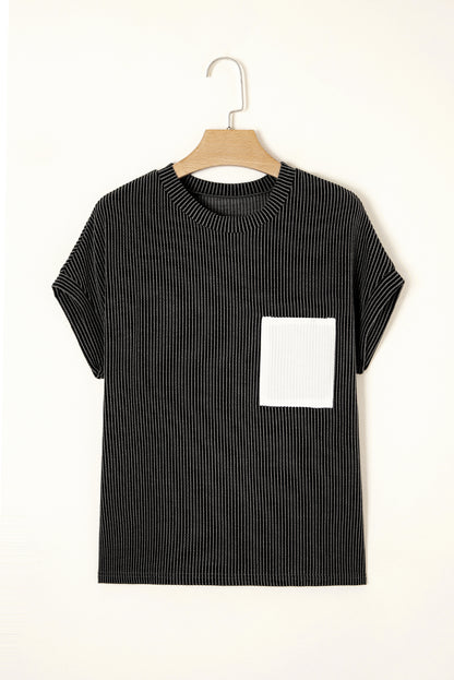 Colorblock Corded Knit Pocketed Crew Neck T-Shirt