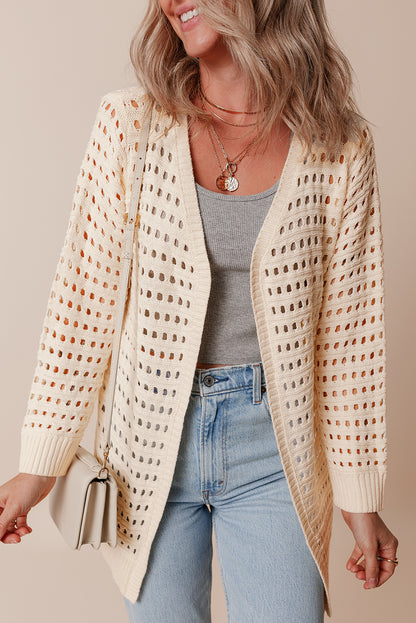 Solid Hollowed Knit Open Cardigan