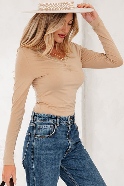 Lace Trim Ruched V-Neck Long Sleeve Top