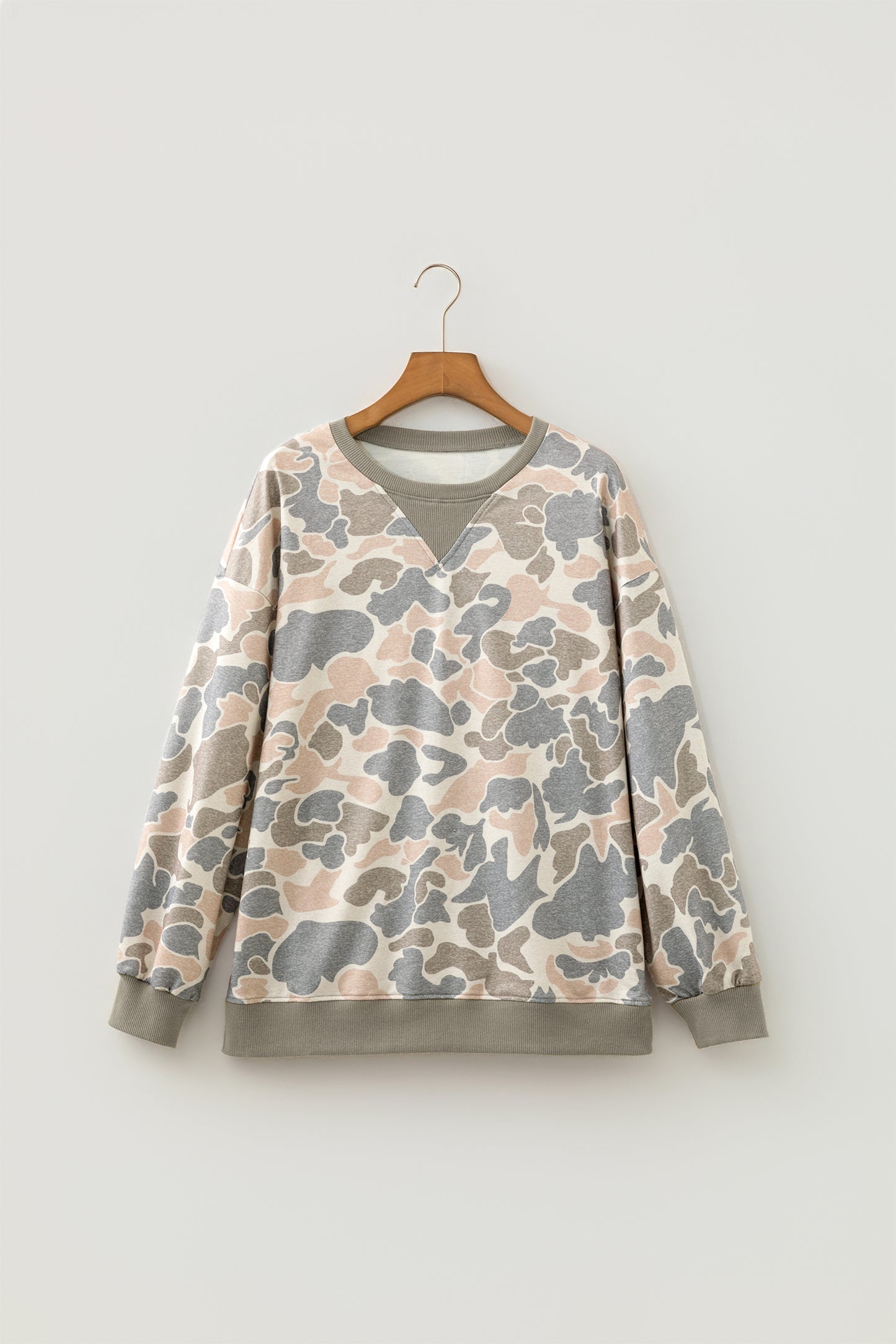 Camo Ribbed Trim Crew Neck Pullover Sweatshirt
