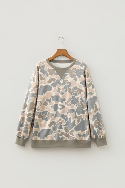 Camo Ribbed Trim Crew Neck Pullover Sweatshirt