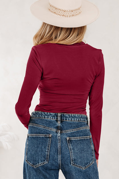 Lace Trim Ruched V-Neck Long Sleeve Top