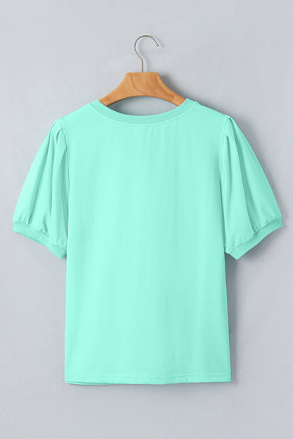 Solid V-Neck Short Puff Sleeve Blouse