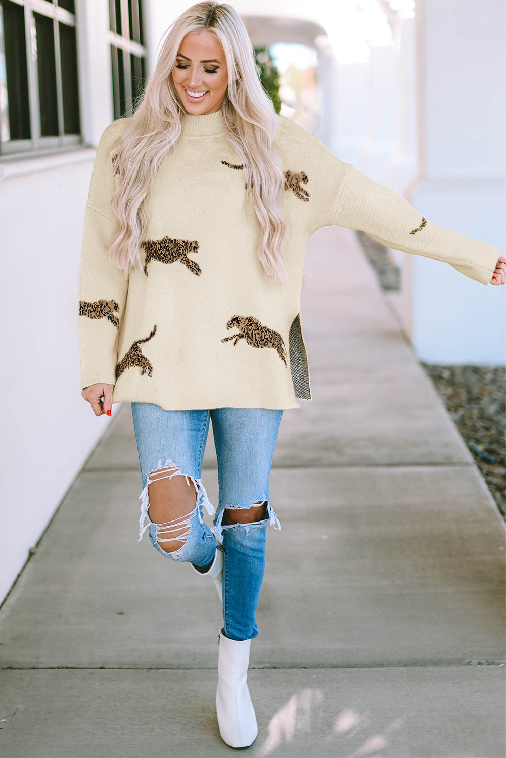 Cheetah Mock Neck Split Hem Sweater