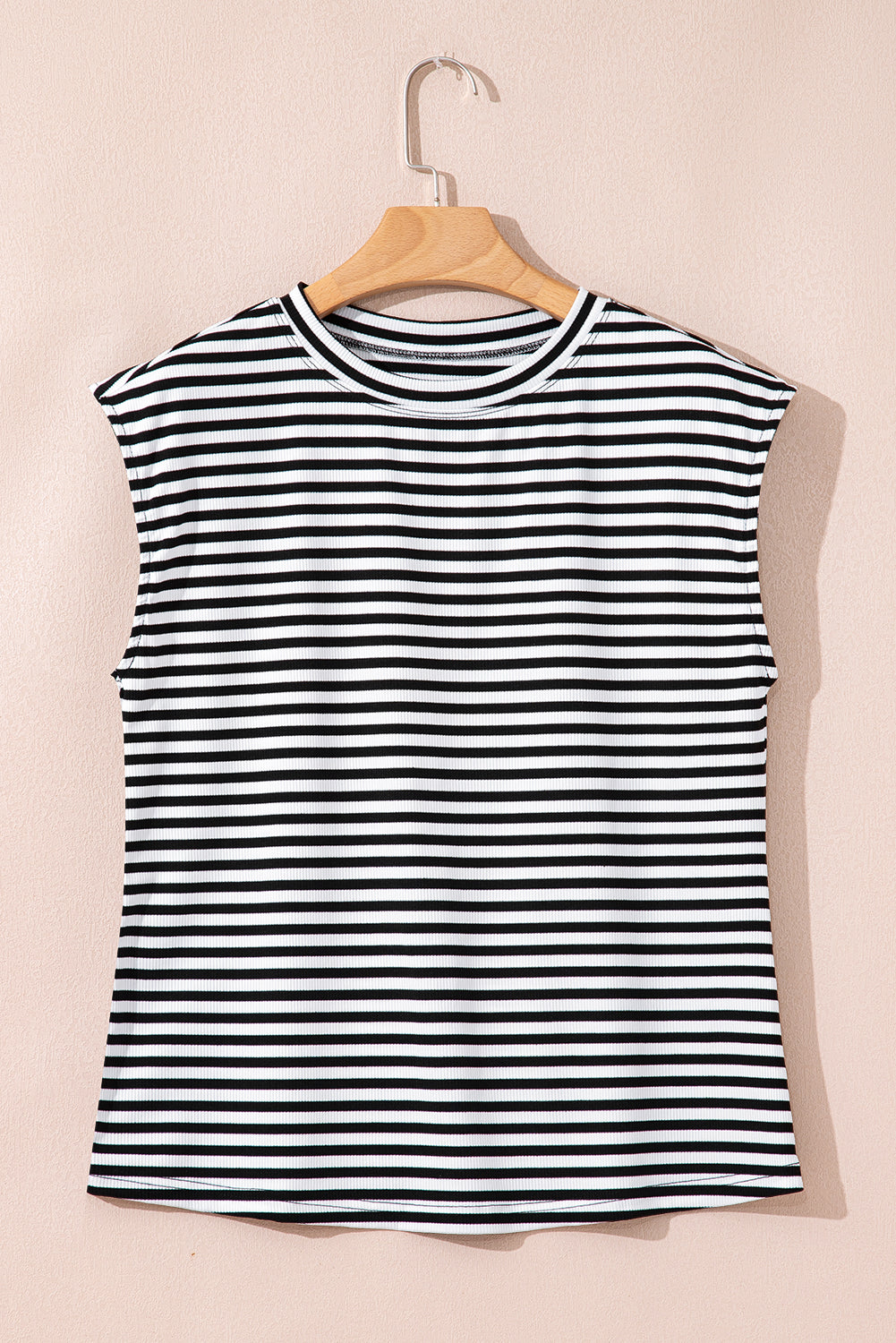 Stripe Ribbed Cap Sleeve Round Neck T-Shirt