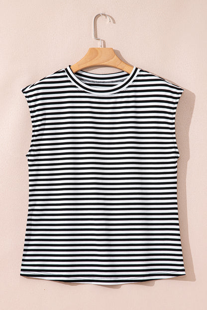 Stripe Ribbed Cap Sleeve Round Neck T-Shirt