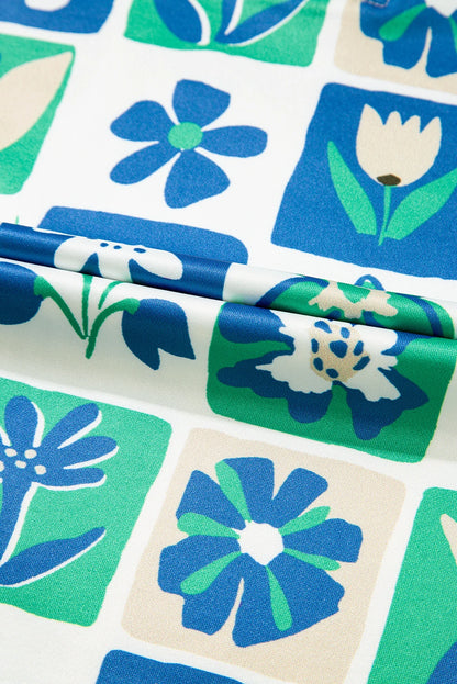 Floral Plaid Trim Collar Flutter Sleeve Blouse