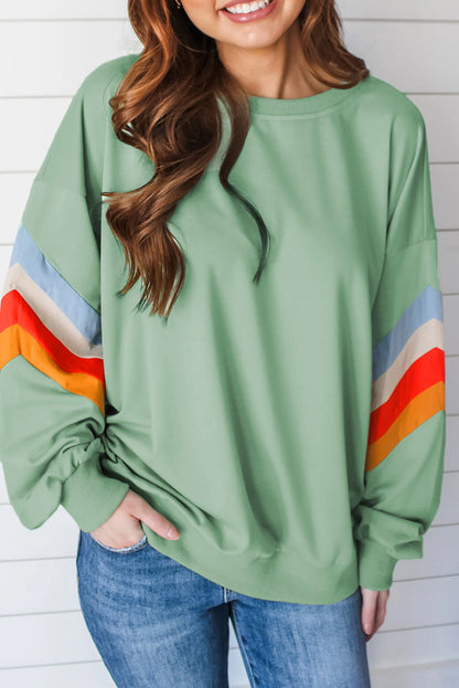 Rainbow Stripe Sleeve Crew Neck Sweatshirt