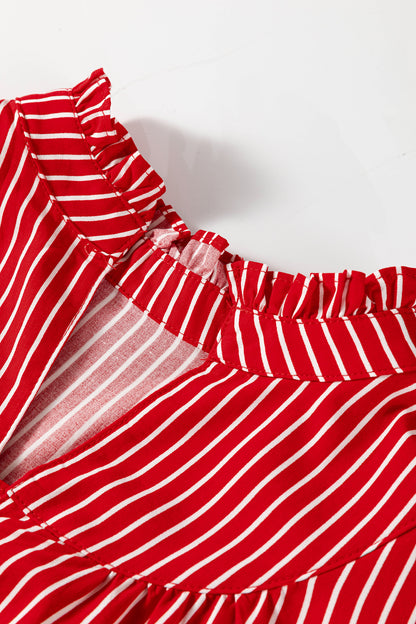 Stripe Ruffle Puff Sleeve Button Front Blouse