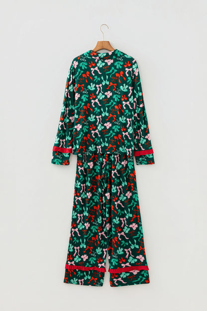 Bow Button-Up Top and Pants Pajama Set