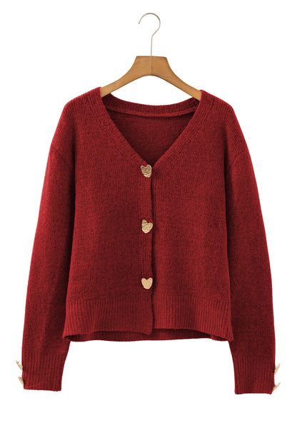 Heart Metal Button V-Neck Knit Cardigan