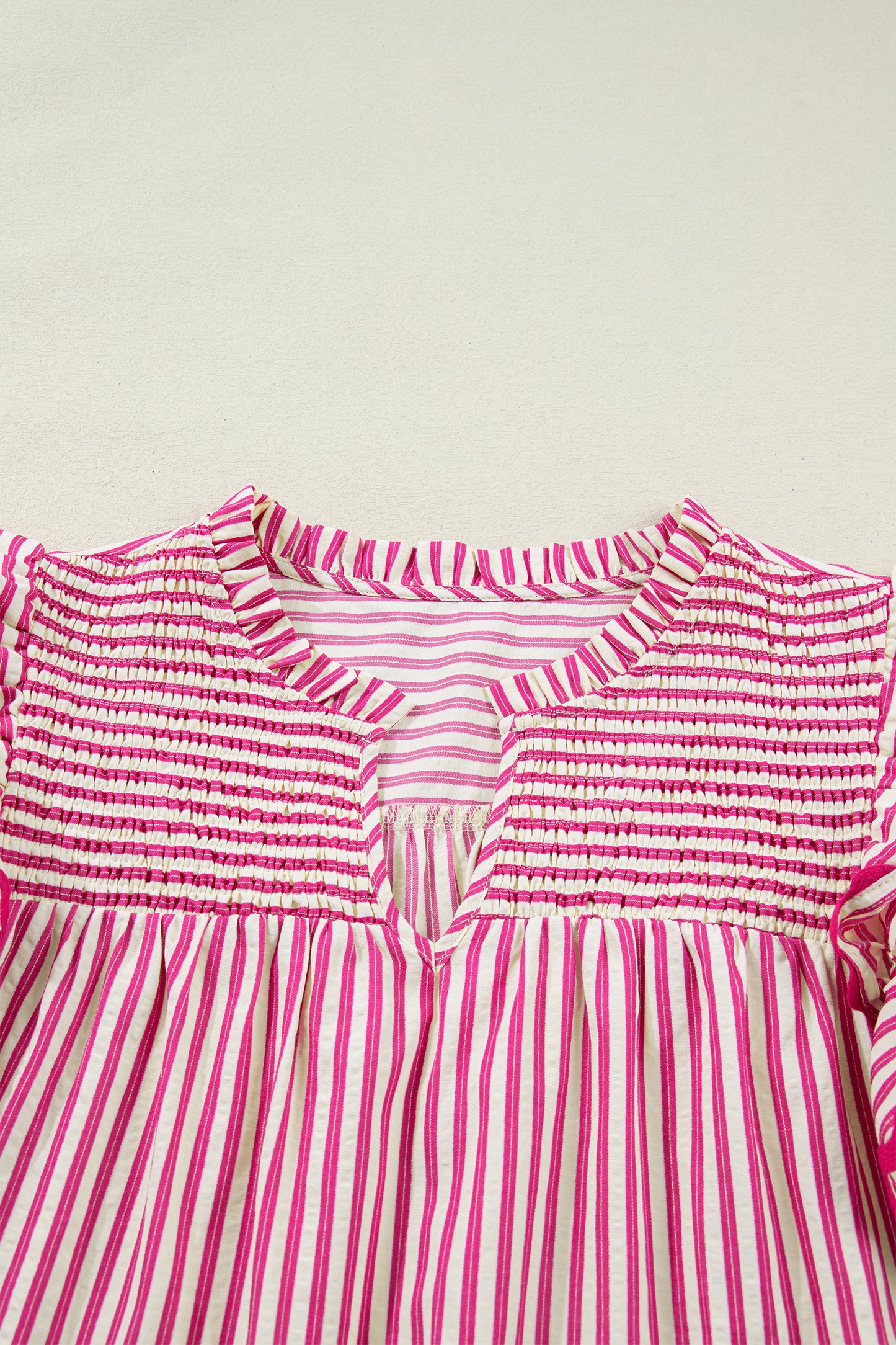 Stripe Smocked Yoke Short Sleeve Ruffle Blouse