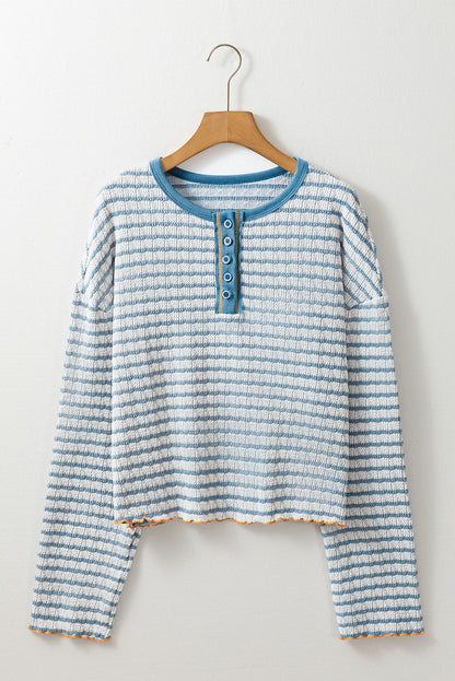 Stripe Textured Long Sleeve Henley Top