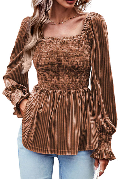 Pleated Velvet Smocked Babydoll Top