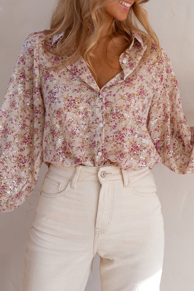 Floral Bishop Sleeve V-Neck Shirt