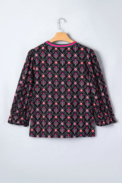 Floral Contrast V-Neck 3/4 Sleeve Blouse
