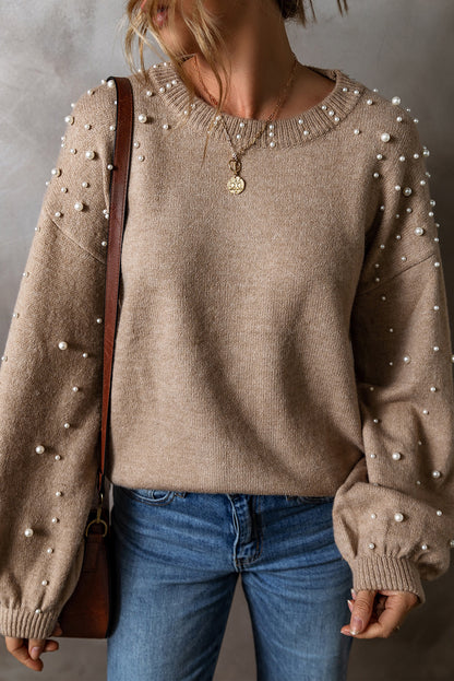 Solid Pearl Drop Shoulder Round Neck Sweater
