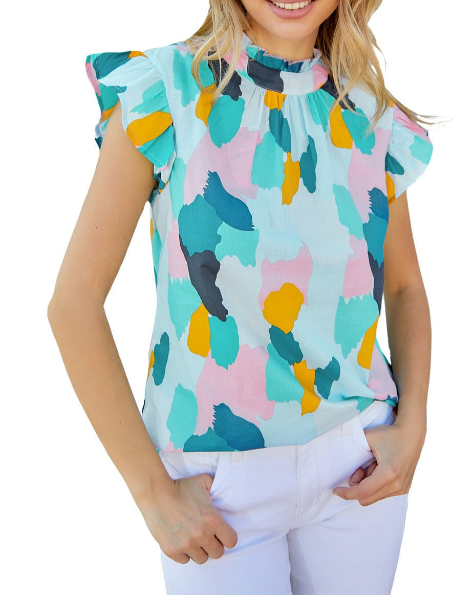 Abstract Ruffle Mock Neck Top