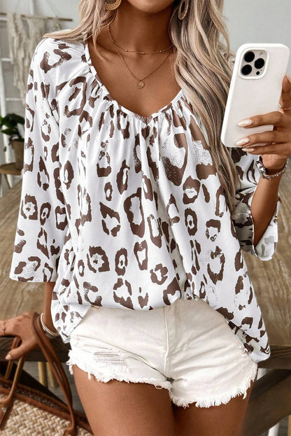 Leopard V-Neck 3/4 Sleeve Blouse