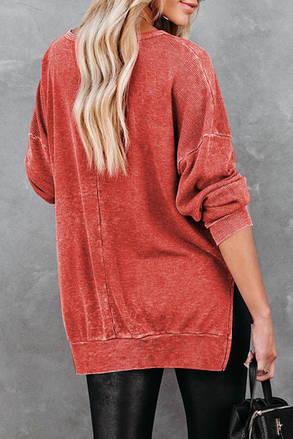 Waffle Side Slit Pullover Top