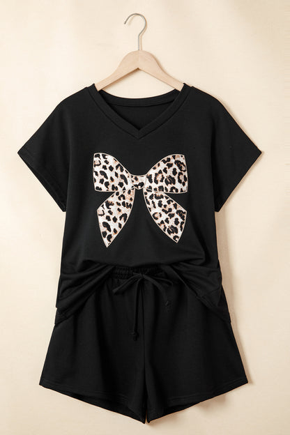 Leopard Bow Patch Tee & Drawstring Shorts Set