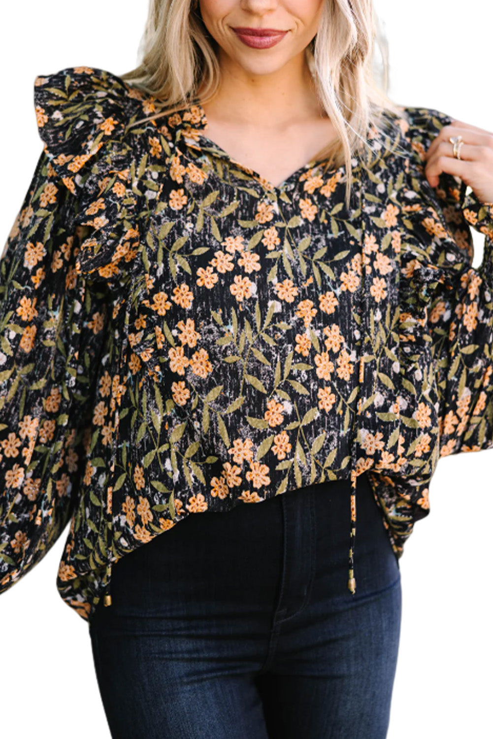 Floral Ruffle Bubble Sleeve Blouse