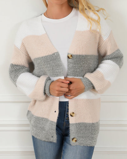 Colorblock Stripe Fuzzy Buttoned Cardigan