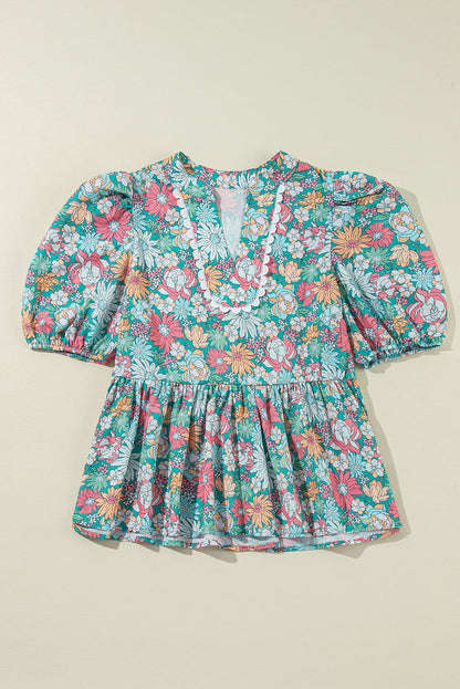 Floral Notched Neck Puff Short Sleeve Blouse