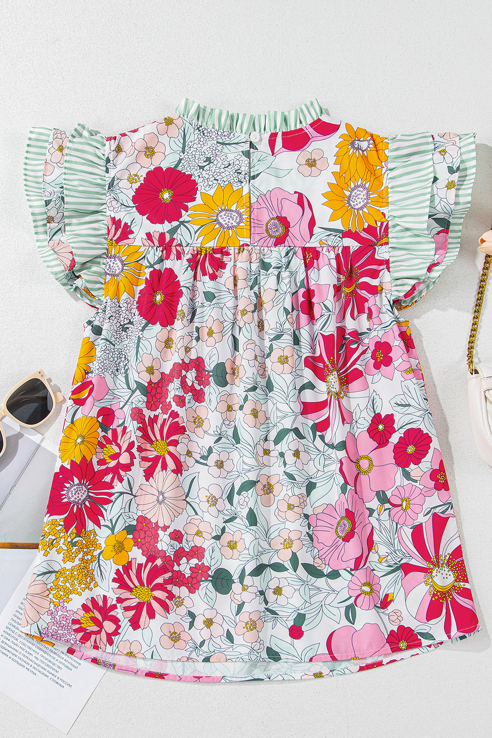 Floral Stripe Patchwork Ruffle Short Sleeve Blouse