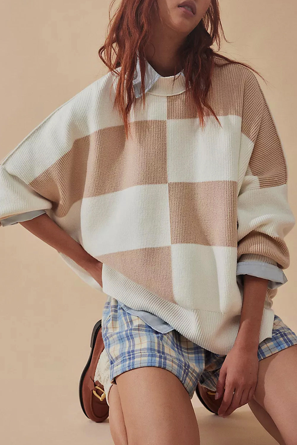 Checker Side Slit Oversized Sweater