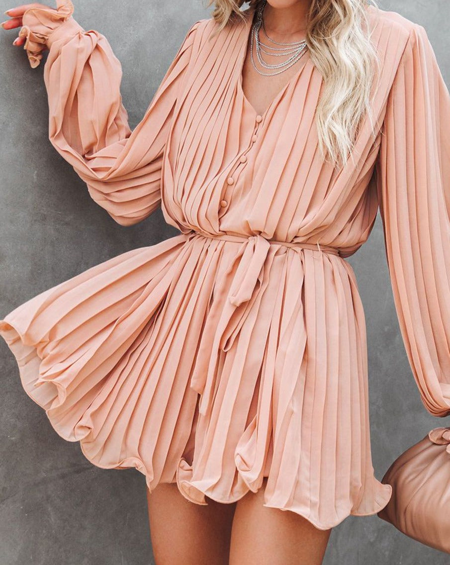 Pleated Ruffle Tie Waist Romper