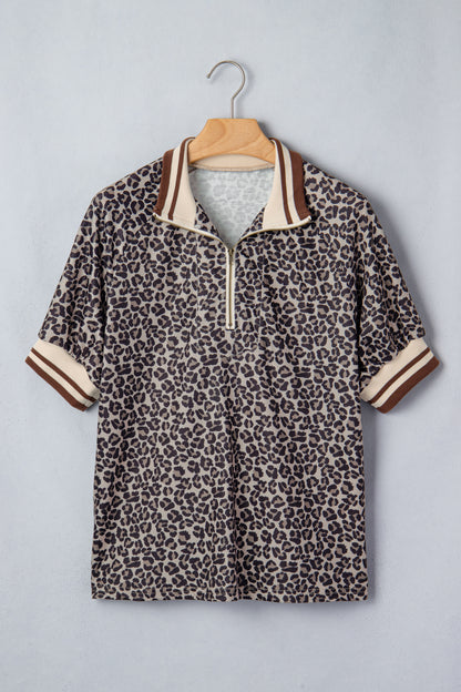 Leopard Half Zip Stripe Trim Short Sleeve Top