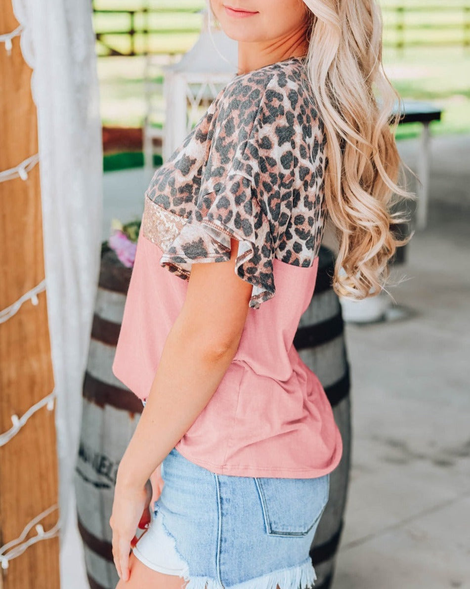 Leopard Sequin Colorblock Short Sleeve Top