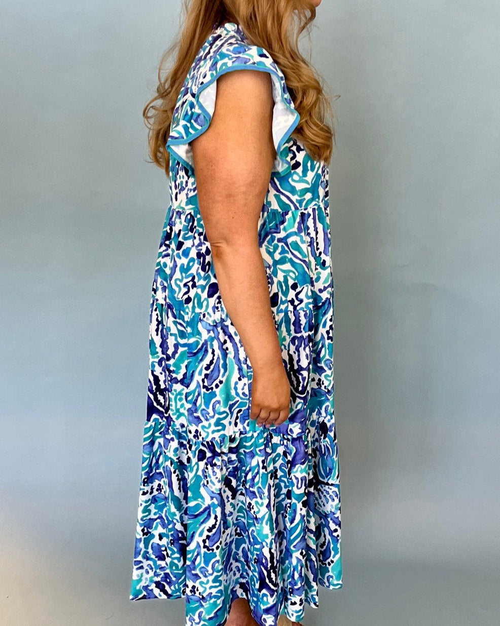 Abstract Ruffle Sleeve Maxi Dress Plus Size