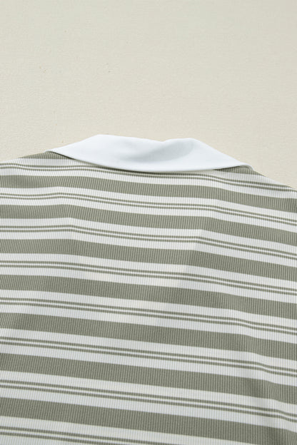 Stripe Collared V-Neck Short Sleeve Midi Dress