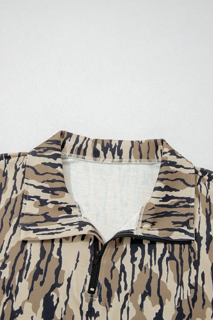 Camo Zipped Collar Kangaroo Pocket Sweatshirt